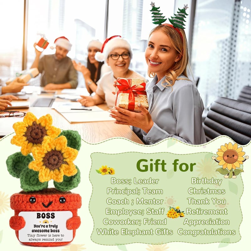 LuoHere Boss Lady Gifts for Women Men Bosses Day Appreciation Gifts Best Boss Leader Principal Mentor Leadership Manager Coworker Promotion White Elephant Christmas Funny Office Gift Cute Crochet Sunflower - Image 4